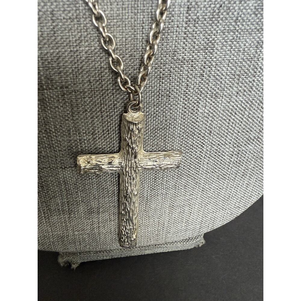 Vintage Textured Cross Pendant Necklace Silver Tone Chunky Religious 29” Boho